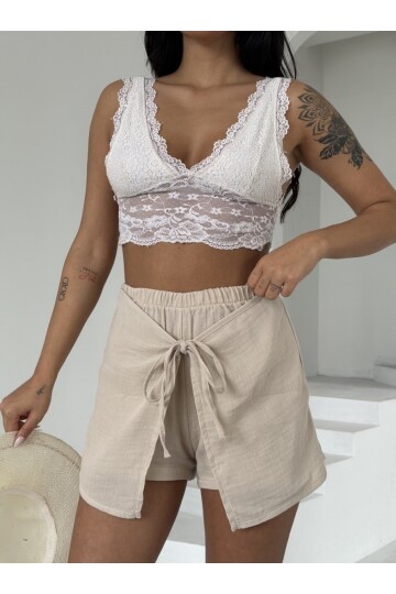 Müslin Keten Bağlama Detay Şort Bej