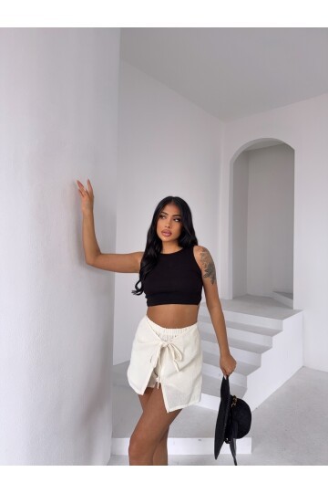 Müslin Keten Bağlama Detay Şort Ekru