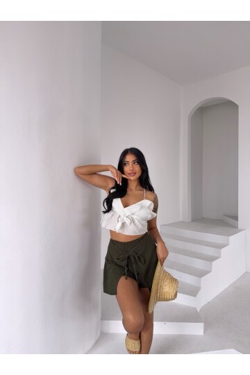 Müslin Keten Bağlama Detay Şort Haki