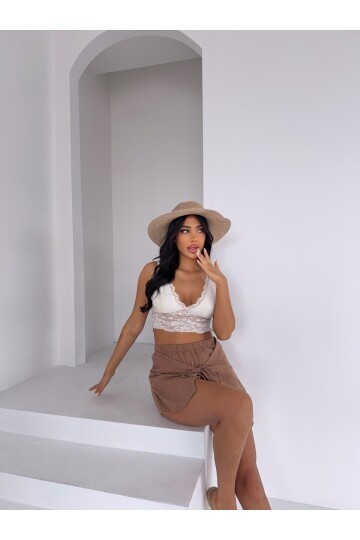 Müslin Keten Bağlama Detay Şort Vizon