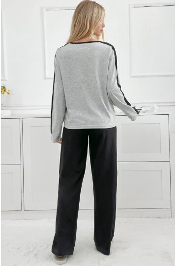 New York Baskılı Şerit Detaylı Uzun Kollu Kadın Pijama Takımı