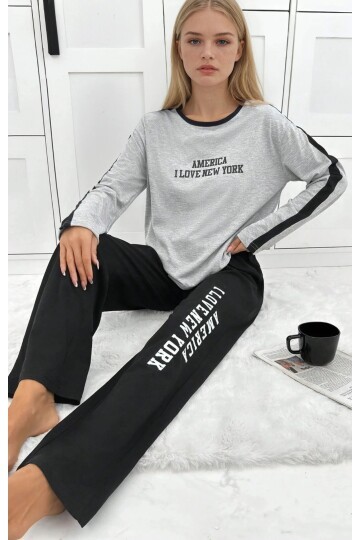 New York Baskılı Şerit Detaylı Uzun Kollu Kadın Pijama Takımı