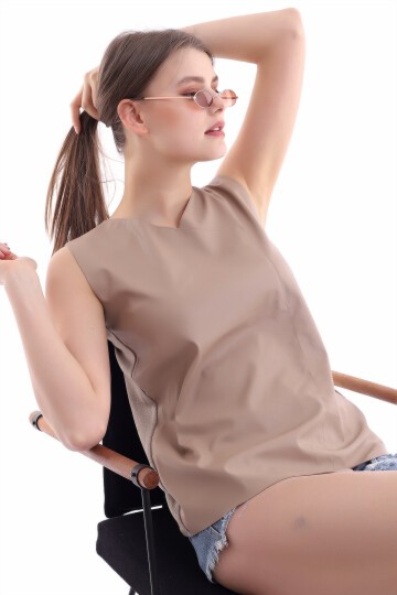 Önü Deri Arkası Triko Kolsuz Bluz VIZON