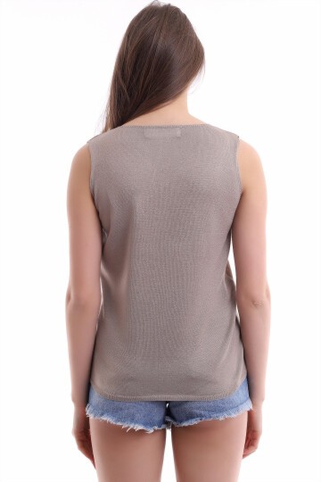 Önü Deri Arkası Triko Kolsuz Bluz VIZON