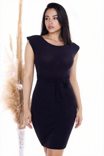 Örme Krep Beli Kuşaklı Omuzu Vatkalı Elbise SIYAH