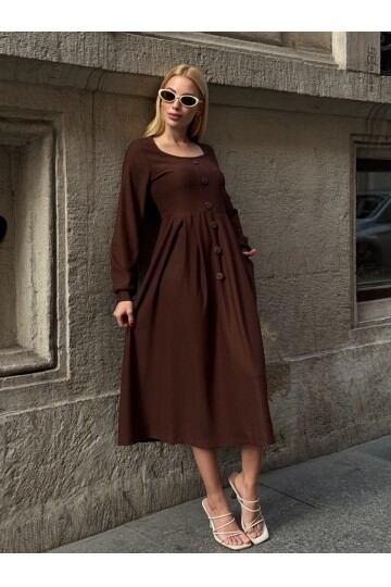 Ottoman Kumaş Düğme Detay Elbise Kahve