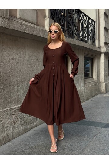Ottoman Kumaş Düğme Detay Elbise Kahve