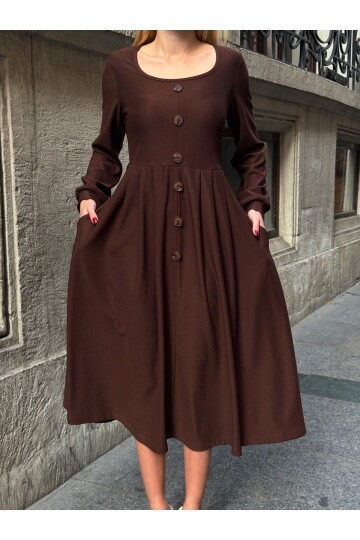 Ottoman Kumaş Düğme Detay Elbise Kahve