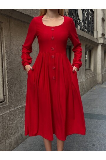 Ottoman Kumaş Düğme Detay Elbise Kırmızı