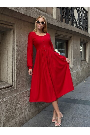 Ottoman Kumaş Düğme Detay Elbise Kırmızı