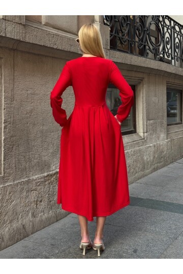 Ottoman Kumaş Düğme Detay Elbise Kırmızı
