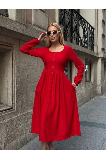 Ottoman Kumaş Düğme Detay Elbise Kırmızı