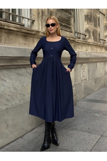 Ottoman Kumaş Düğme Detay Elbise Lacivert