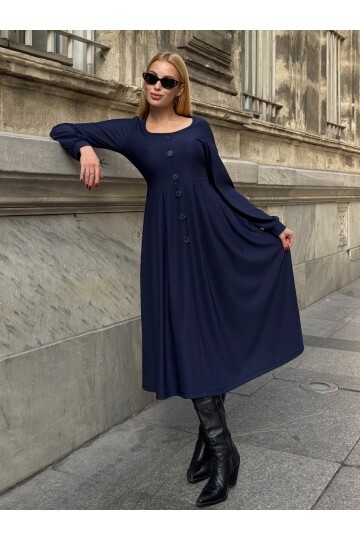Ottoman Kumaş Düğme Detay Elbise Lacivert