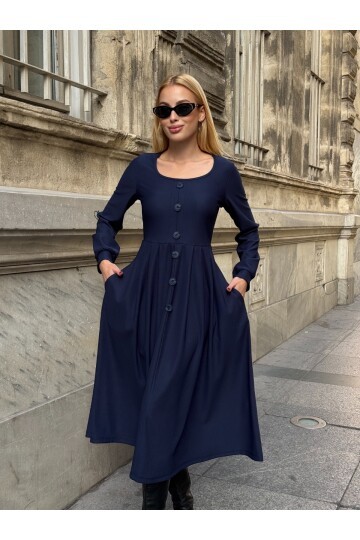 Ottoman Kumaş Düğme Detay Elbise Lacivert