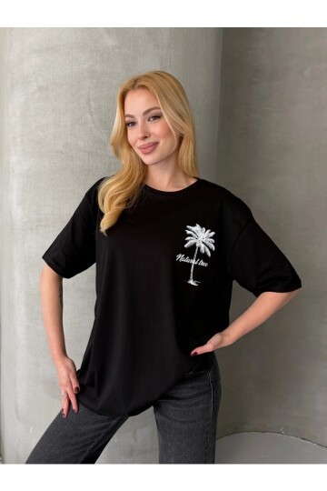 Palmiye Baskılı Sırt Baskı Detay Oversize Kadın Tişört - Siyah