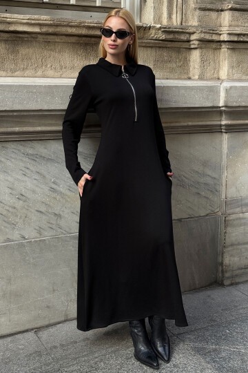 Polo Yaka Fermuarlı Çift Cep Rahat Kesim Elbise