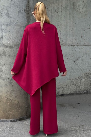 Rahat Kalıp Asimetrik Bluz Ve Pantolon Modal Kumaş Takım Bordo