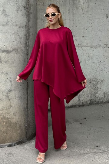 Rahat Kalıp Asimetrik Bluz Ve Pantolon Modal Kumaş Takım Bordo