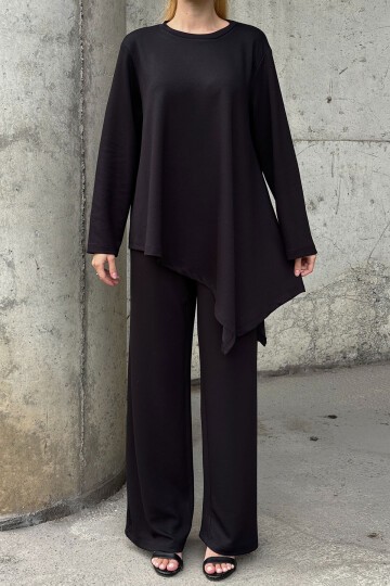 Rahat Kalıp Asimetrik Bluz Ve Pantolon Modal Kumaş Takım Siyah