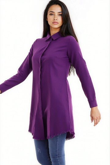 Şamre Eteği Püsküllü Uzun Gömlek Mürdüm