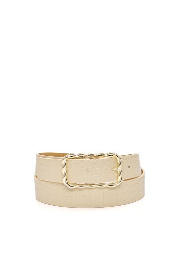 Siyah-Bej 2li Kabartma Tokalı Deri Görünümlü Kadın Kemer