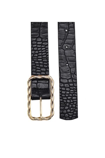 Siyah-Bej 2li Kabartma Tokalı Deri Görünümlü Kadın Kemer