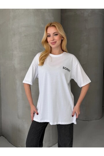 Sorry Yazılı Sırt Baskılı Oversize Kadın Tişört Beyaz