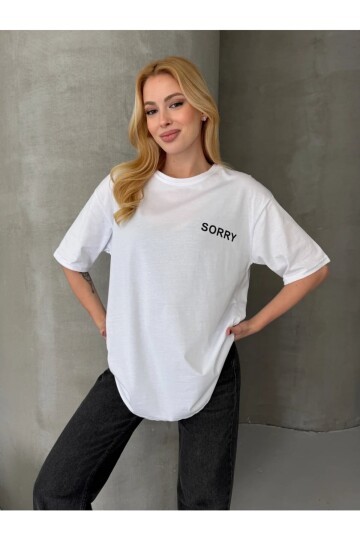 Sorry Yazılı Sırt Baskılı Oversize Kadın Tişört Beyaz