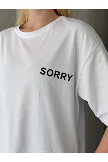 Sorry Yazılı Sırt Baskılı Oversize Kadın Tişört Beyaz