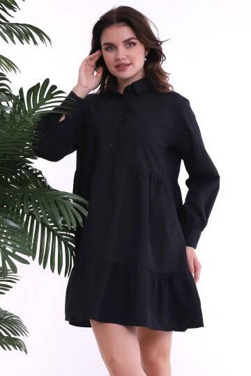 TerryCotton Gömlek Yaka Patlı Katlı Uzun Kol Elbise SIYAH