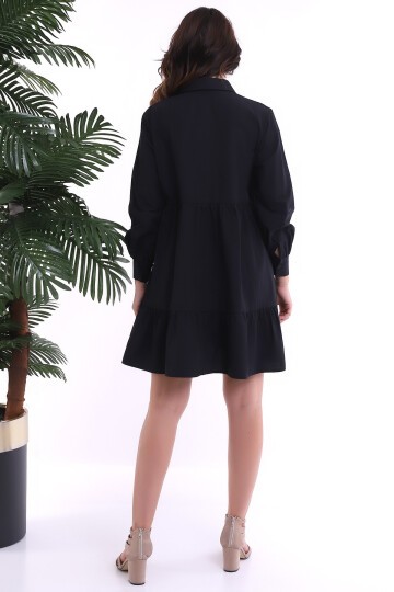 TerryCotton Gömlek Yaka Patlı Katlı Uzun Kol Elbise SIYAH