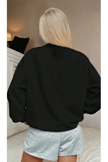 USA College Siyah Fermuarlı Oversize Sweatshirt