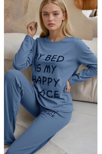 Uzun Kollu Bisiklet Yaka Baskılı Kadın Pijama Takımı