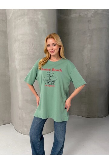 Venice Beach Baskılı Oversize Kadın Tişört – Mint Yeşil