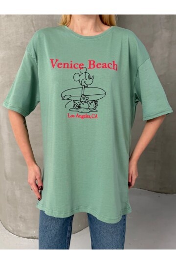 Venice Beach Baskılı Oversize Kadın Tişört – Mint Yeşil
