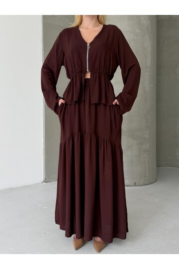 Viskon Kumaş Fermuar Detaylı Alt Üst Takım Kahve