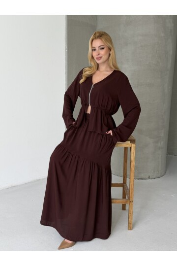 Viskon Kumaş Fermuar Detaylı Alt Üst Takım Kahve