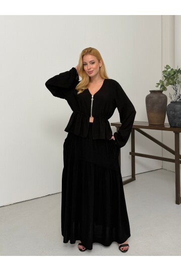 Viskon Kumaş Fermuar Detaylı Alt Üst Takım Siyah