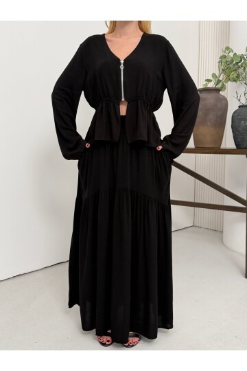 Viskon Kumaş Fermuar Detaylı Alt Üst Takım Siyah