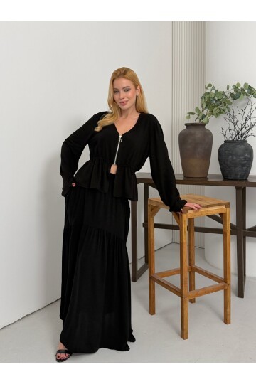 Viskon Kumaş Fermuar Detaylı Alt Üst Takım Siyah