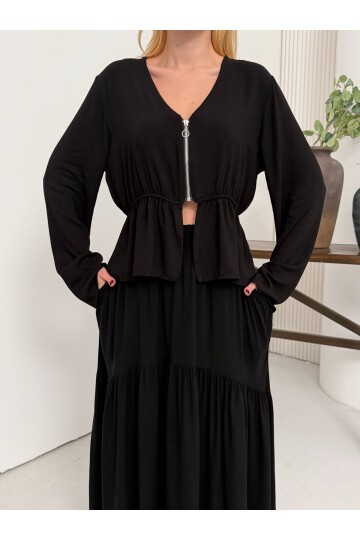 Viskon Kumaş Fermuar Detaylı Alt Üst Takım Siyah