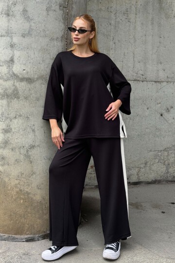 Yanları Şerit Detay Alt Üst Takım Siyah