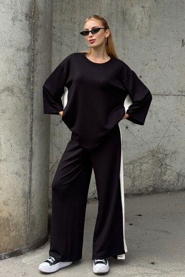 Yanları Şerit Detay Alt Üst Takım Siyah