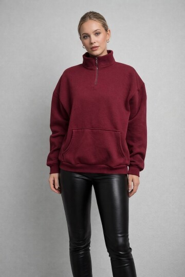 Yarım Fermuarlı 3 İplik Dik Yaka Oversize Sweatshirt
