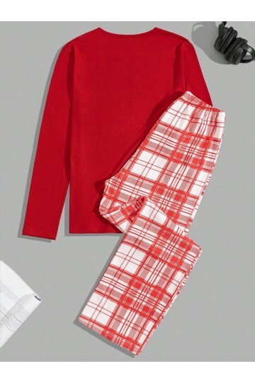 Yılbaşı Temalı Geyik Baskılı Ekose Alt Üst Uzun Kollu Pijama Takımı