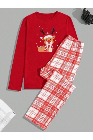 Yılbaşı Temalı Geyik Baskılı Ekose Alt Üst Uzun Kollu Pijama Takımı