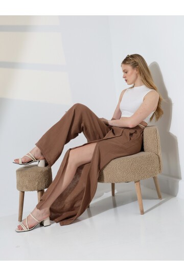 Yırtmaçlı Müslin Pantalon Kahve