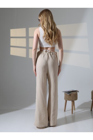 Yırtmaçlı Müslin Pantolon Bej