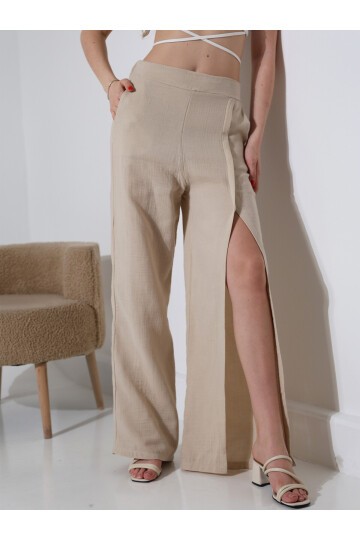 Yırtmaçlı Müslin Pantolon Bej
